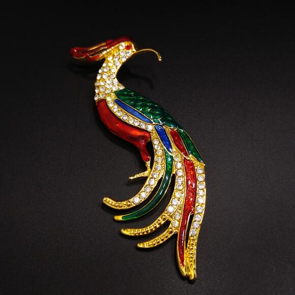 Vintage Large "Bird of Paradise" Brooch, Bright Enamel, Clear Rhinestones, 1990s - Picture 2 of 10